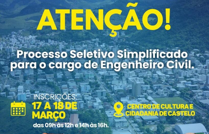 A Prefeitura de Castelo torna público o edital para o processo seletivo destinado ao cargo de Engenheiro Civil