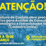 Prefeitura de Castelo abre processo seletivo para Auxiliar de Consultório Odontológico e Entrevistador Social