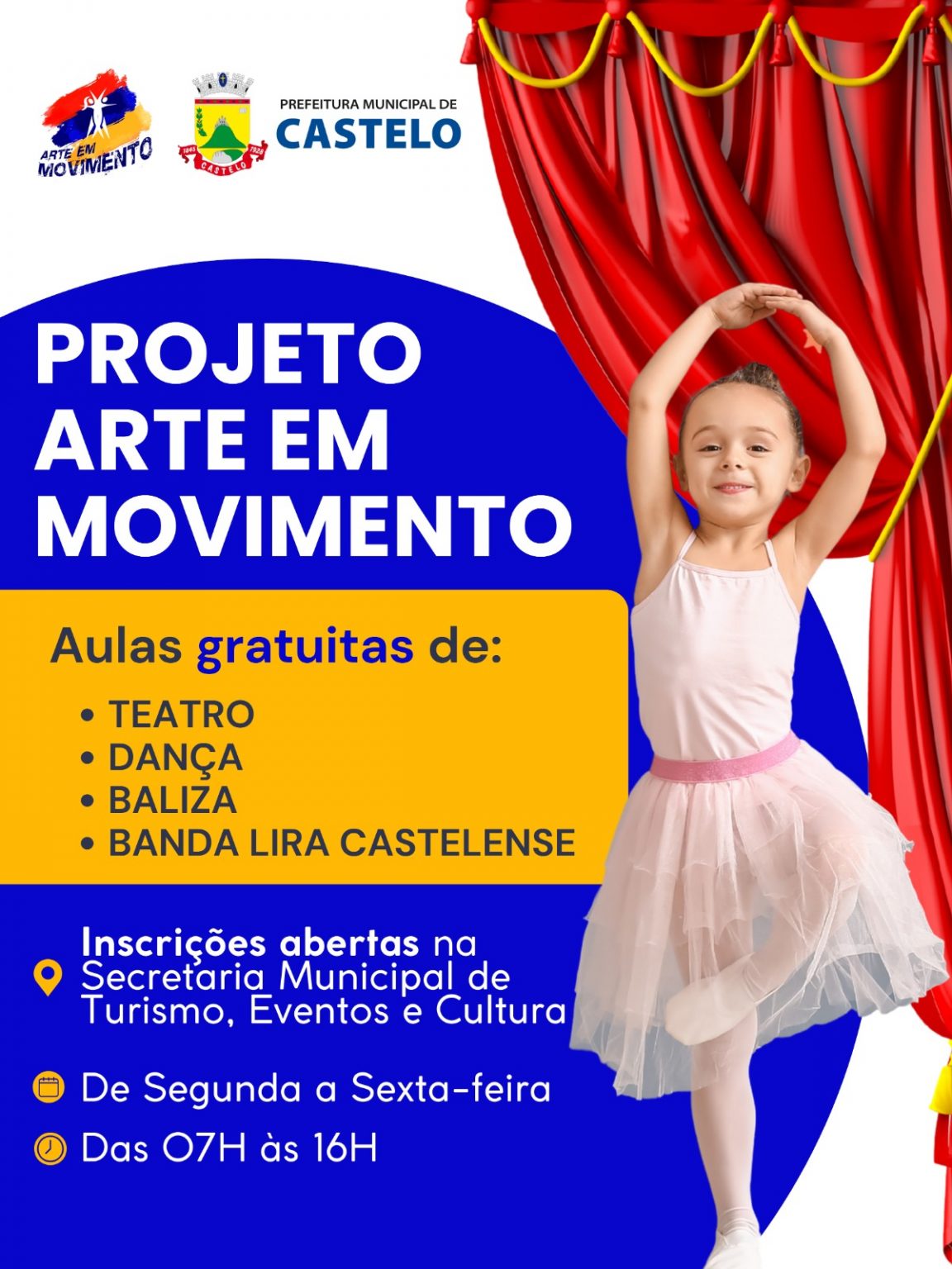 Leia mais sobre o artigo Inscrições abertas para aulas gratuitas de Teatro, Dança, Baliza e Banda Lira Castelense