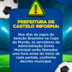Prefeitura de Castelo informa horário de funcionamento no dia de jogo da Seleção Brasileira na Copa do Mundo